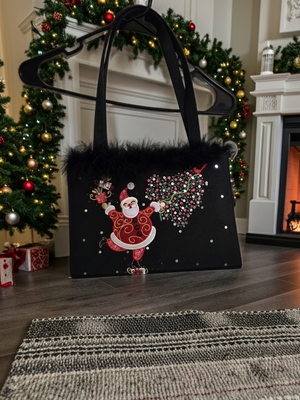 Black Festive Santa Appliqué Satchel with Feather Trim